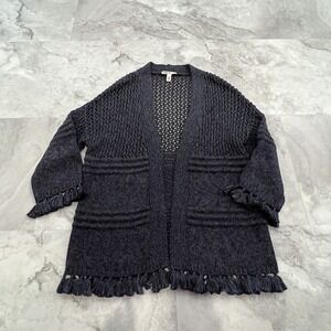 Cotton By Autumn Cashmere Womens Open Front Fringe Sweater Blue White Sz XSmall